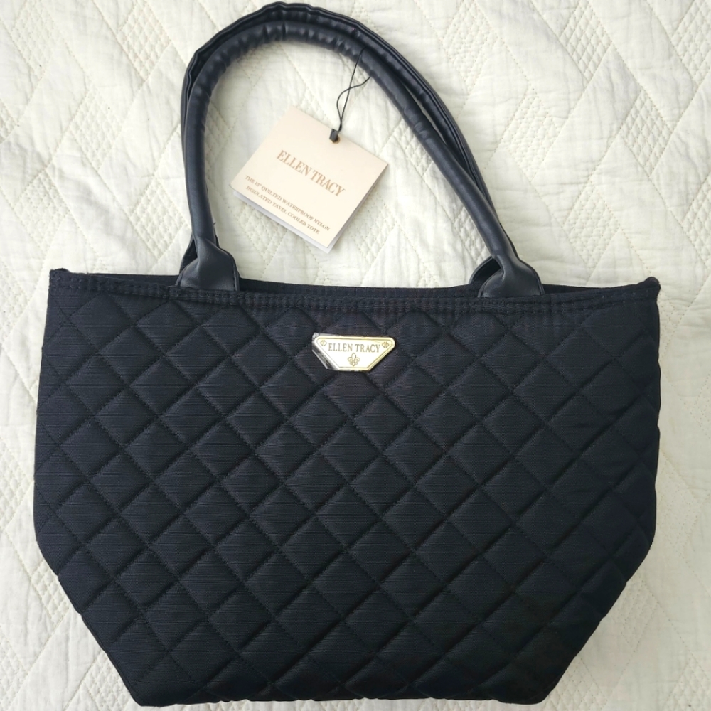 Ellen Tracy Quilted Insulated Hot Or Cold Black Tote 13 In With Zippered Opening